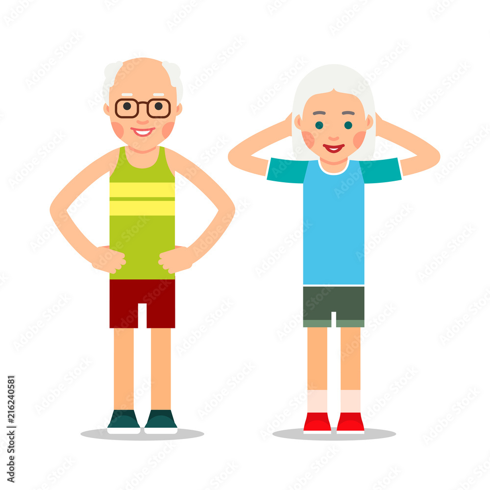 Old people doing exercises. Elderly couple and gymnastics. Senior people making morning exercises. Grandparents and Sport. Cartoon illustration isolated on white background in flat style