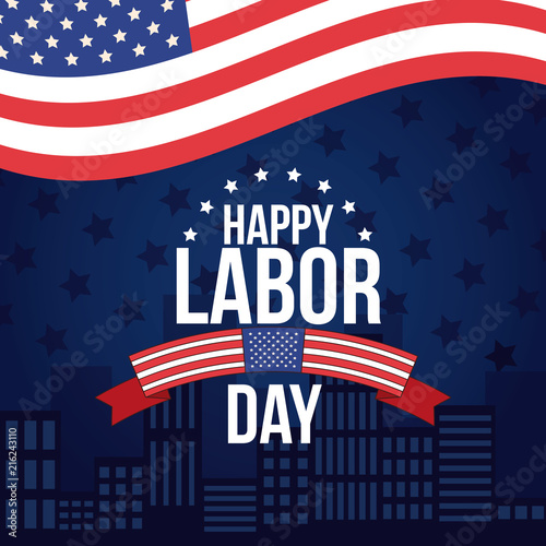 Happy labor day card over blue background with USA flag vector illustration graphic design