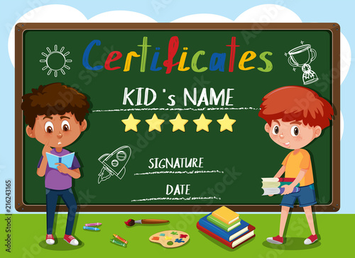 Child certificate infront of blackboard