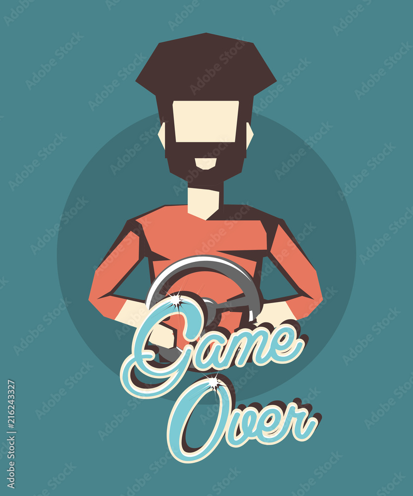 retro videogames design with avatar man with steering wheel over blue background, colorful design. vector illustration