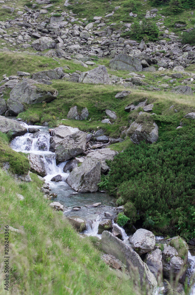 Waterfall in the mountains. Cold mountain river. Brook among the stones. Cold water. Spring melting snow. Summer in the mountains. Spring in the mountains. A cascade of water among the green beaches. Waterfall in the mountains. Cold mountain river. Brook among the stones. Cold water. Spring melting snow. Summer in the mountains. Spring in the mountains. A cascade of water among the green beaches.