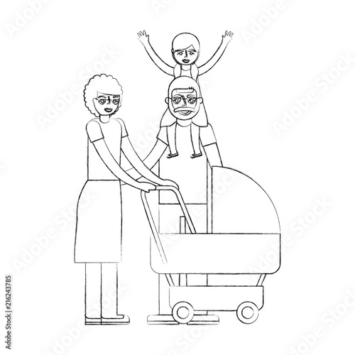 grandparents with graddaughter and baby pram vector illustration hand drawing photo