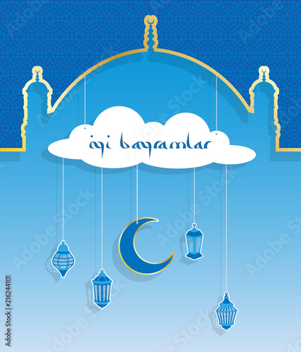 Eid greeting in Turkish with dome and lanterns