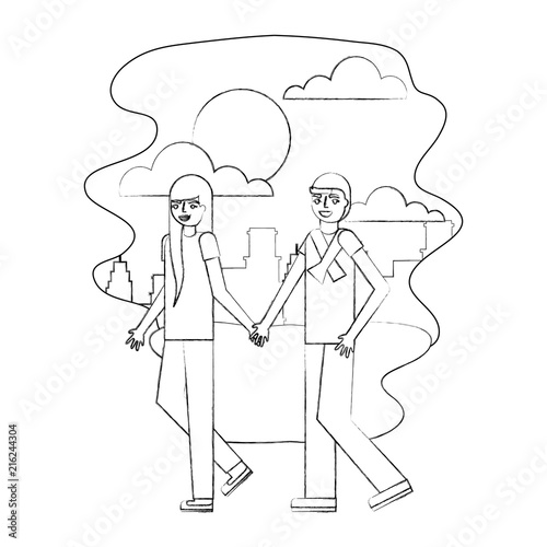 couple parents holding hands walking in the park city vector illustration hand drawing © Gstudio