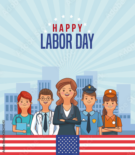 Happy labor day card with people professions and jobs cartoons vector illustration graphic design