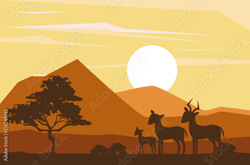Antelopes african animals silhouetttes at savanna vector illustration graphic design