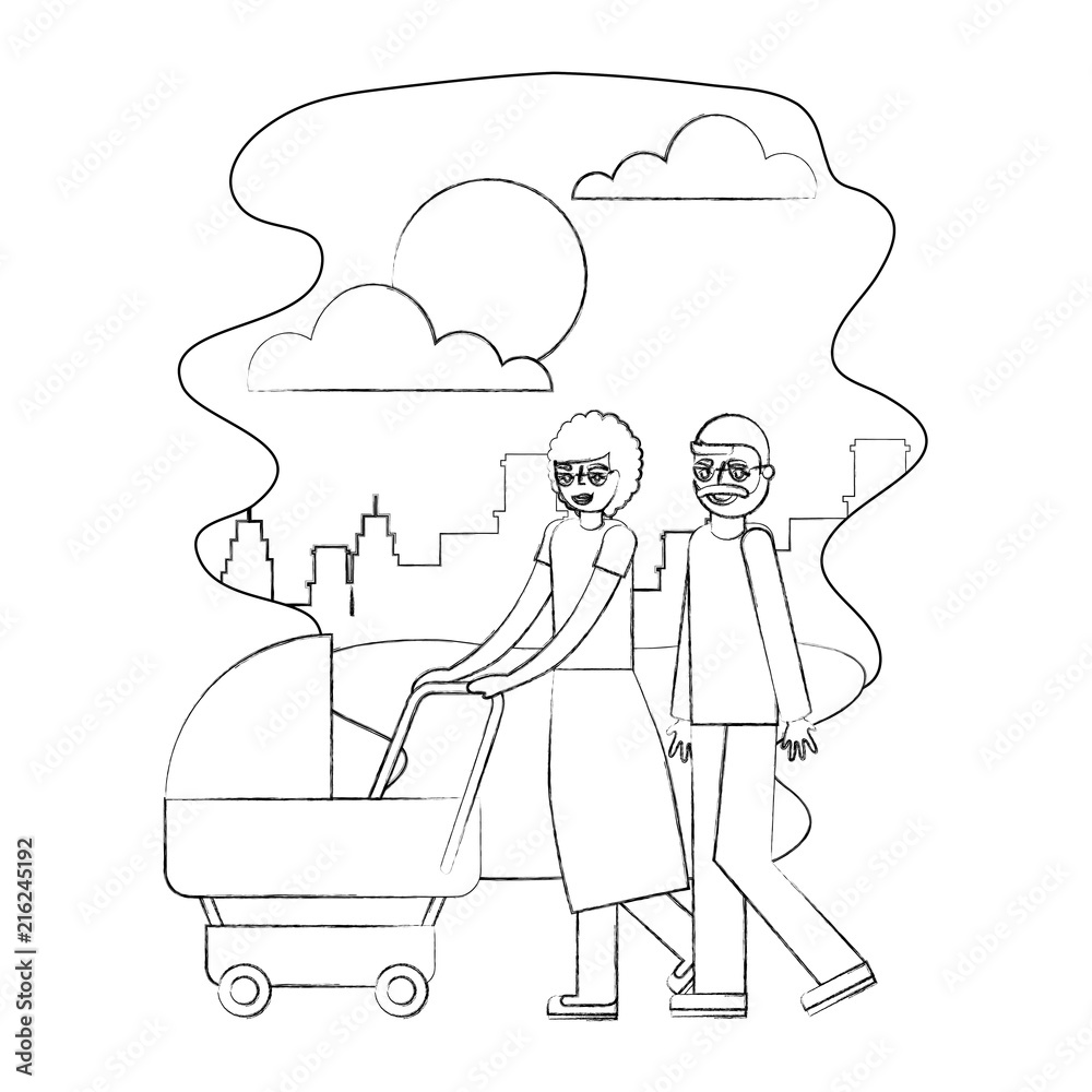 Obraz premium grandfather and grandmother with pram baby