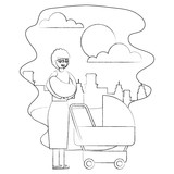 grandmother carrying grandchild on arms and pram