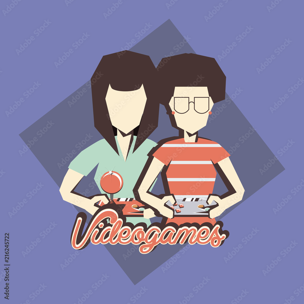 retro videogame design with people playing over purple background, colorful design. vector illustration
