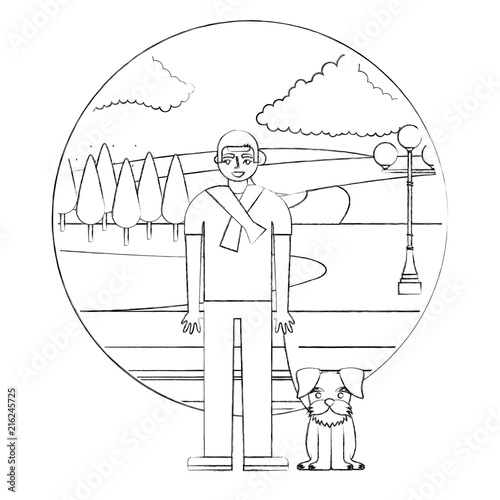 man standing near her schnauzer dog in the street park