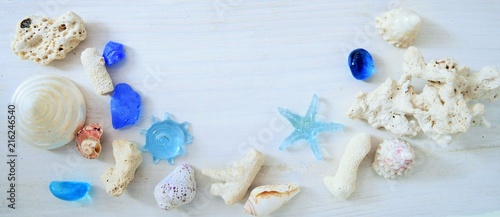 夏 貝殻と青いガラス玉の涼しい色の背景 Stock Photo Adobe Stock