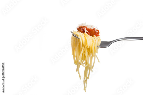 Spaghetti on fork with fresh tomato sauce, grated parmesan cheese, isolated on white background