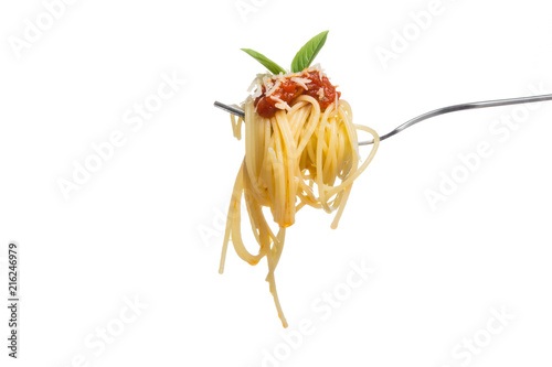Spaghetti on fork with fresh tomato sauce, grated parmesan cheese and basil leaf for garnish, isolated on white background