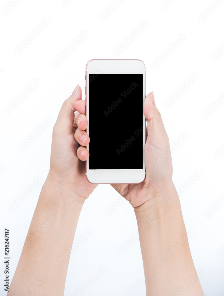 Concept of woman's hand holding a smartphone isolated on white background, clipping path, blank for webpage or message.