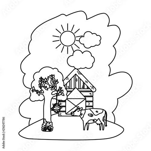 line house farm with cow animal and tree