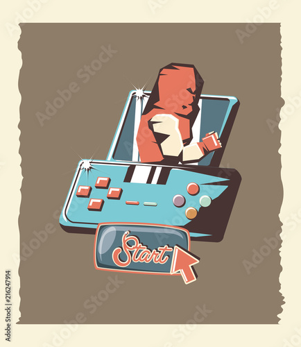 retro videogame design with boxer and gamepad over brown background, colorful design. vector illustration