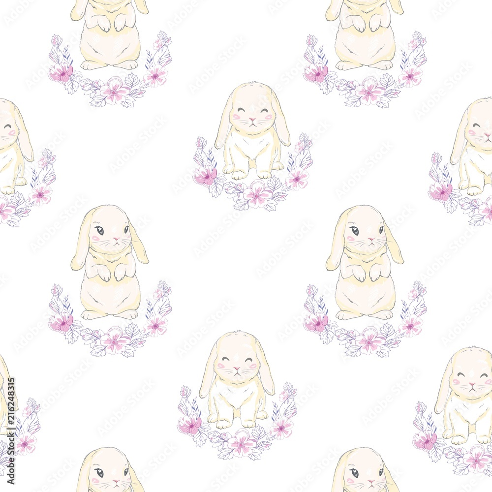 Seamless pattern with cute cartoon bunny. Baby pattern.