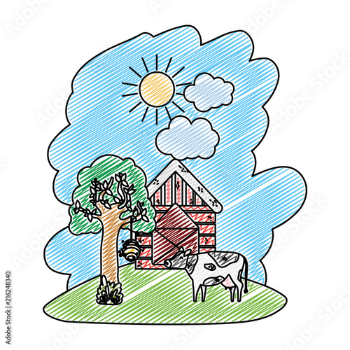 doodle house farm with cow animal and tree