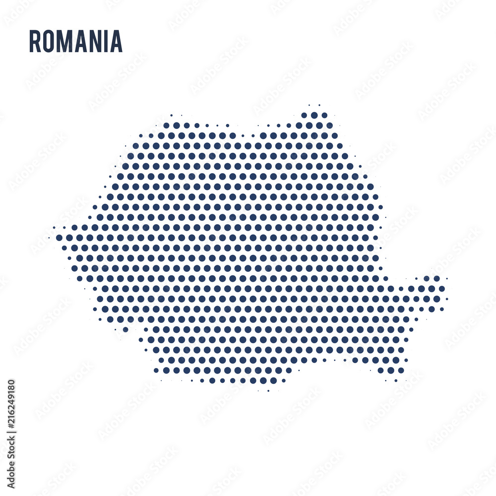 Dotted map of Romania isolated on white background.