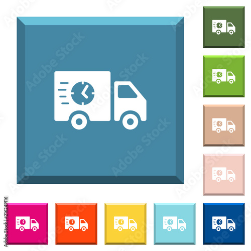 Fast delivery truck white icons on edged square buttons