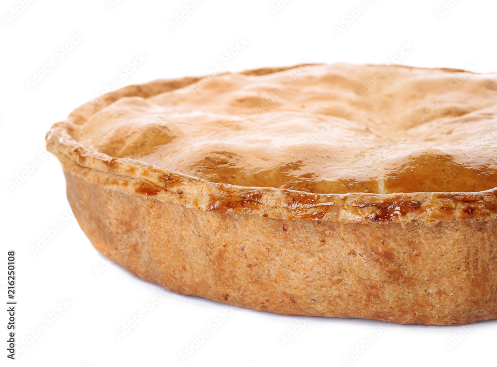 Delicious apple pie on white background, closeup Delicious apple pie on white background, closeup