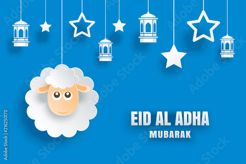 Eid Al Adha Mubarak celebration card with sheep in paper art blue background. Use for banner, poster, flyer, brochure sale template.