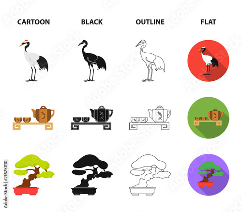 Fan, red crown crane, tea ceremony, bonsai.Japan set collection icons in cartoon,black,outline,flat style vector symbol stock illustration web.