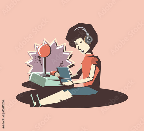 retro videogames design with avatar man with joystick over pink  background, colorful design. vector illustration
