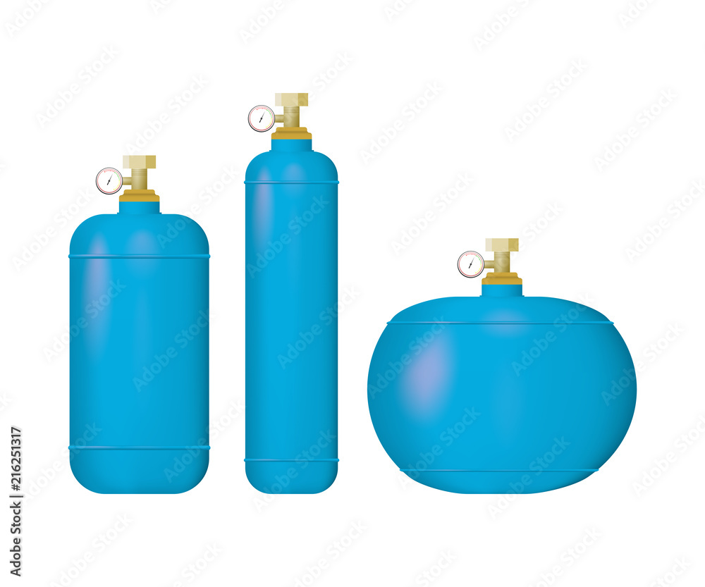 A set of blue medical oxygen cylinders. Vector illustration of the O2. A set of blue medical oxygen cylinders. Vector illustration of the O2.