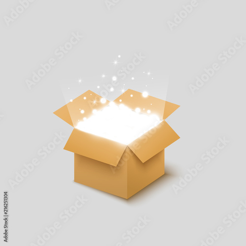 
Open box on white background. Vector illustration. Confetti fly out of the box. Explosion confetti, light.
