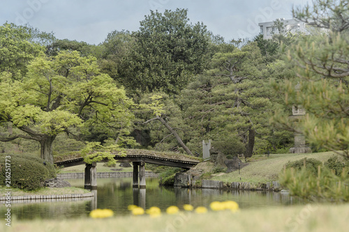 The wooden japanese bridge Dentsuru Bride on the pond of Rikugien Park in Bunkyo district, north of Tokyo. photo