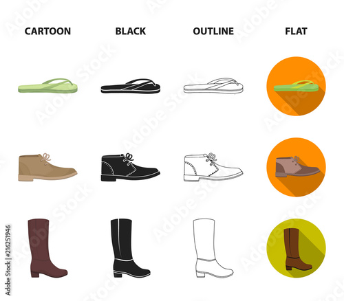 Autumn black shoes on a high platform, flip-flops green for relaxation, sandy men autumn shoes, high brown boots. Shoes set collection icons in cartoon,black,outline,flat style vector symbol stock