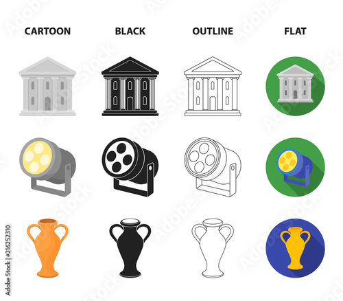 Conductor baton, theater building, searchlight, amphora.Theatre set collection icons in cartoon,black,outline,flat style vector symbol stock illustration web.