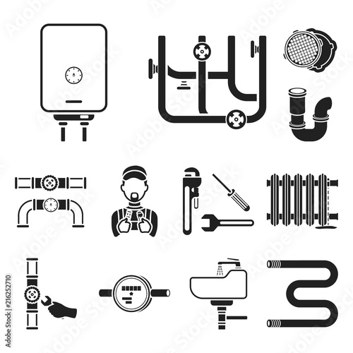 Plumbing, fitting black icons in set collection for design. Equipment and tools vector symbol stock web illustration.