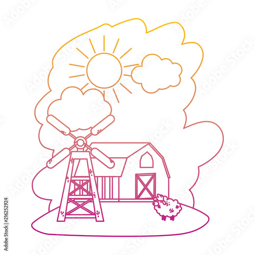 degraded line house farm with sheep animal and windmill