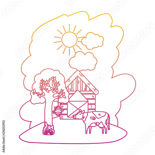 degraded line house farm with cow animal and tree