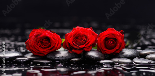 Still life with three red rose and wet stones