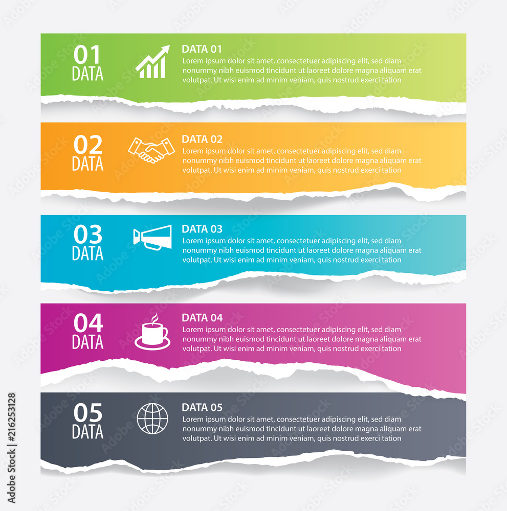 Infographics torn paper in horizontal with 5 data template. Vector illustration abstract background. Can be used for workflow layout, business step, banner, web design.