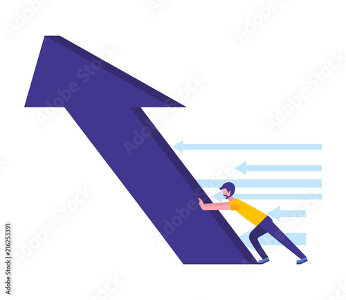 young man pushing arrow up character