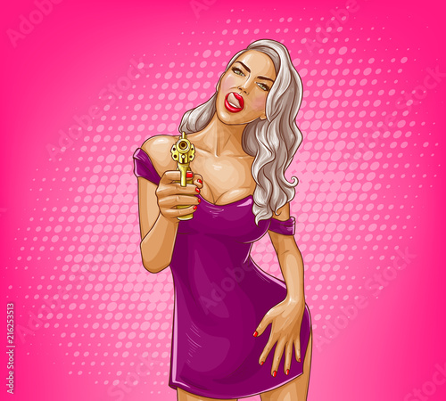 Pop art girl with golden gun vector illustration. Young blonde woman in defiant tight purple dress licking lips with tongue, hand on hip in seduction on pink background