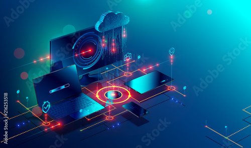 Cloud storage communication with computer, laptop, tablet and smartphone in home or work network. Online devices upload, download information, data in database on cloud services. Isometric concept. photo
