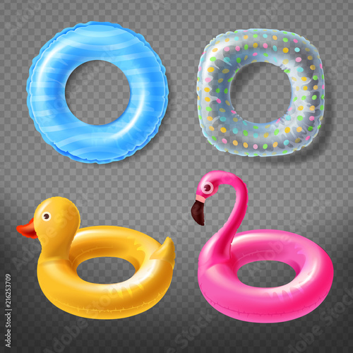Vector realistic rubber rings - yellow duck, childish pink flamingo or blue lifebuoy. Bright colorful object isolated on dark background. Cute equipment for vacation, holidays on sea, swimming pool.