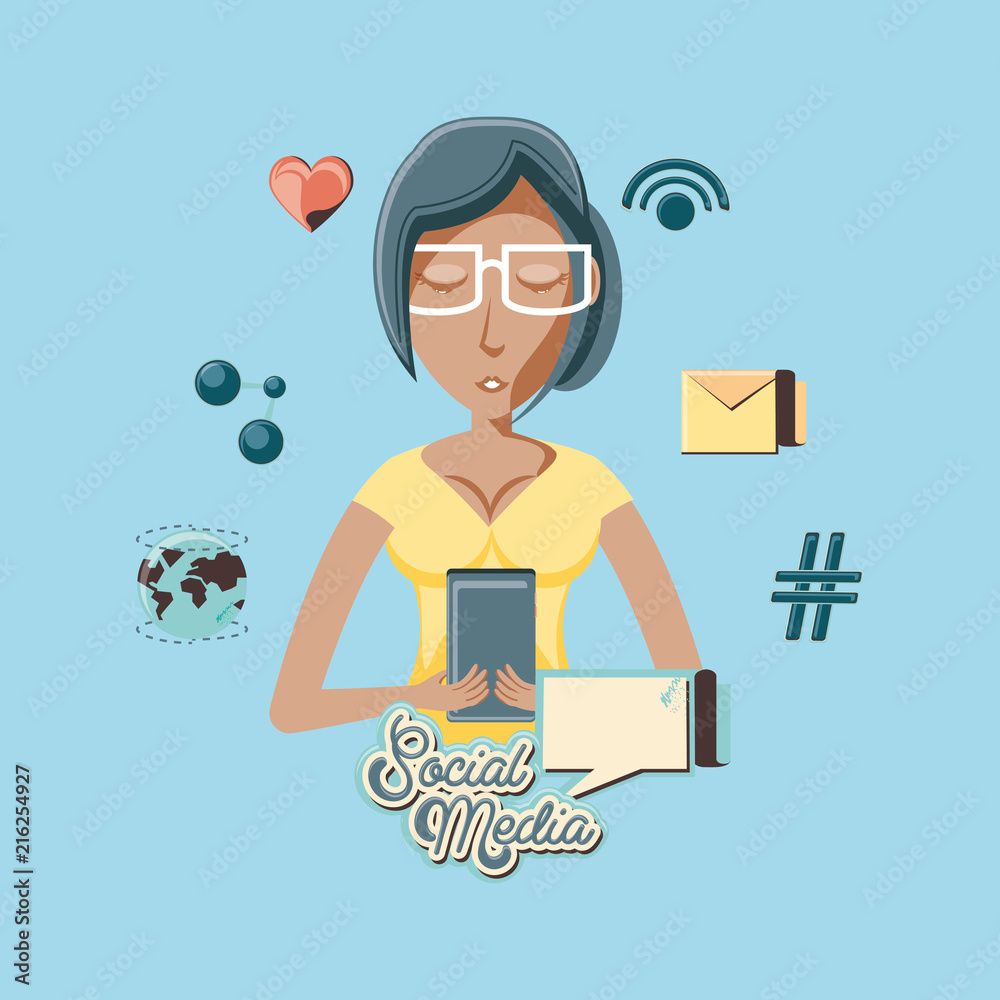 woman with smartphone social media icons vector illustration design