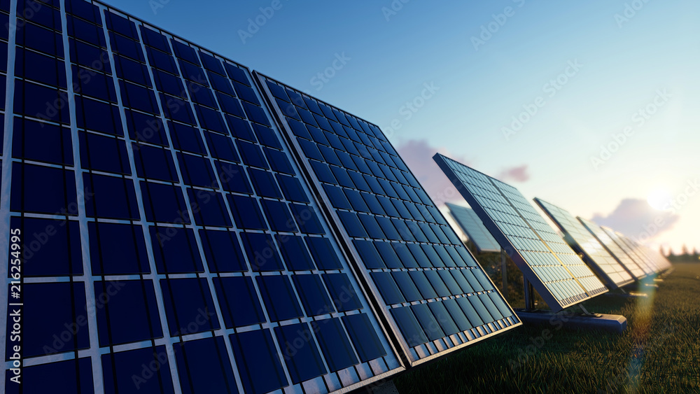 Obraz premium Solar Panels on the Green Fields Under Bright Sun