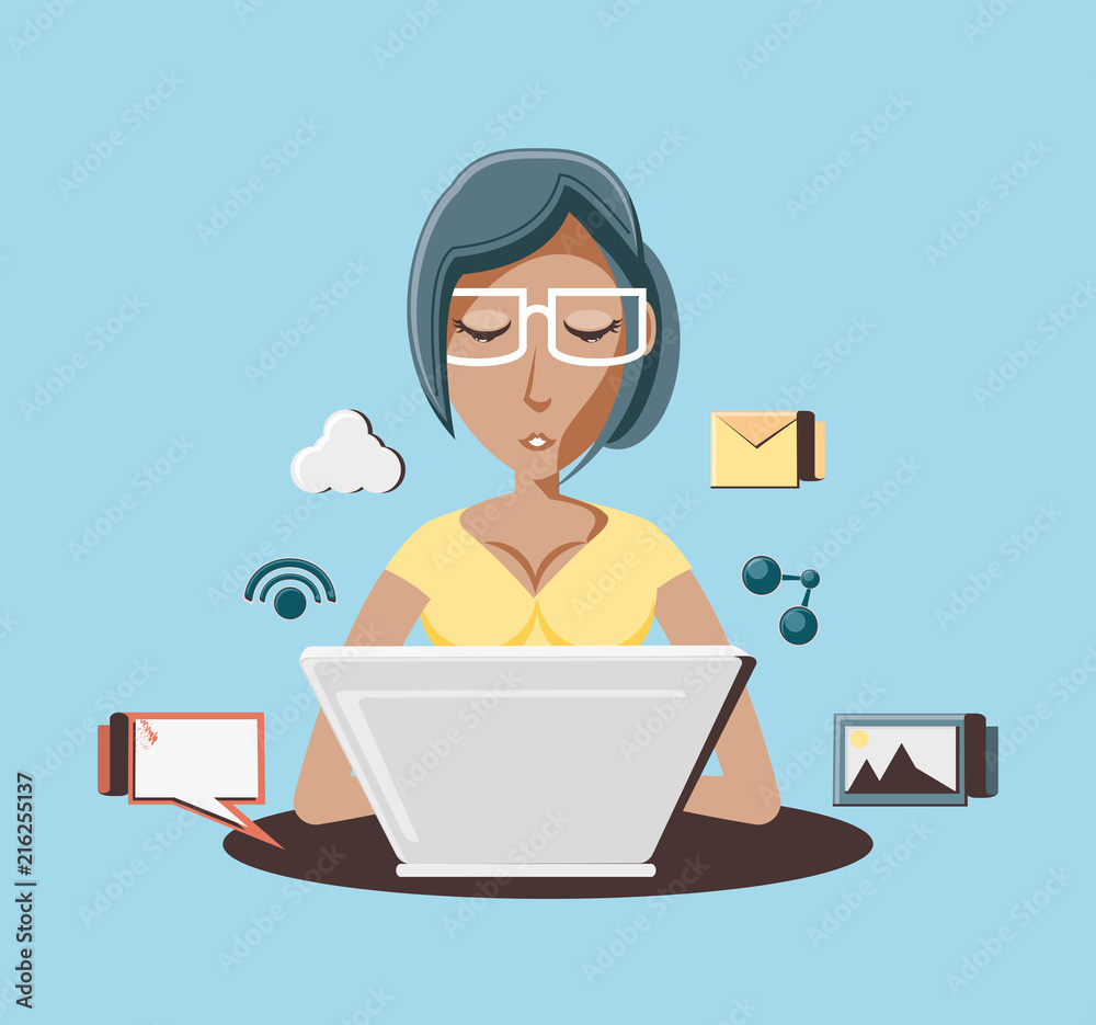 woman with laptop social media icons vector illustration design woman with laptop social media icons vector illustration design