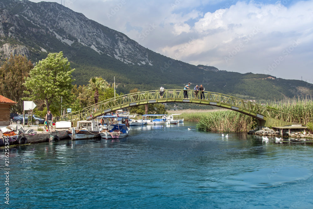 Mugla, Turkey, 14 May 2012: Bridge and Boats at Azmak Stream, Gokova Bay, Akyaka