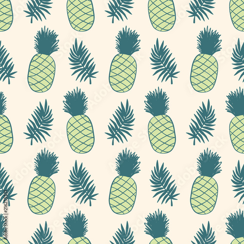 Pineapples and tropical leaves seamless pattern