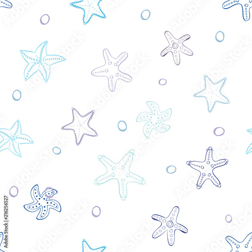 Starfish with bubbles vector seamless pattern background.
