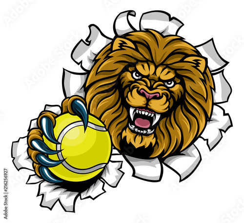 Lion Holding Tennis Ball Breaking Background