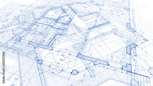 Architecture design: blueprint plan - illustration of a plan modern residential building / technology, industry, business concept illustration: real estate, building, construction, architecture